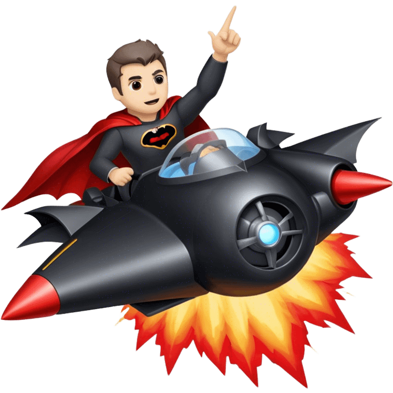 man riding a rocket batmobile boom!  emoji