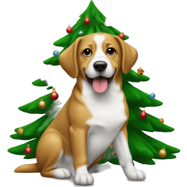 Christmas tree with dog behind it emoji