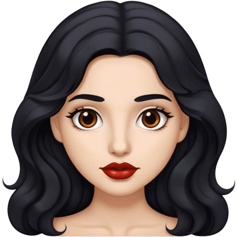 Woman with wavy long black hair, arched medium brown eyebrows, brown eyes, reddish lips, mole on the lip  emoji