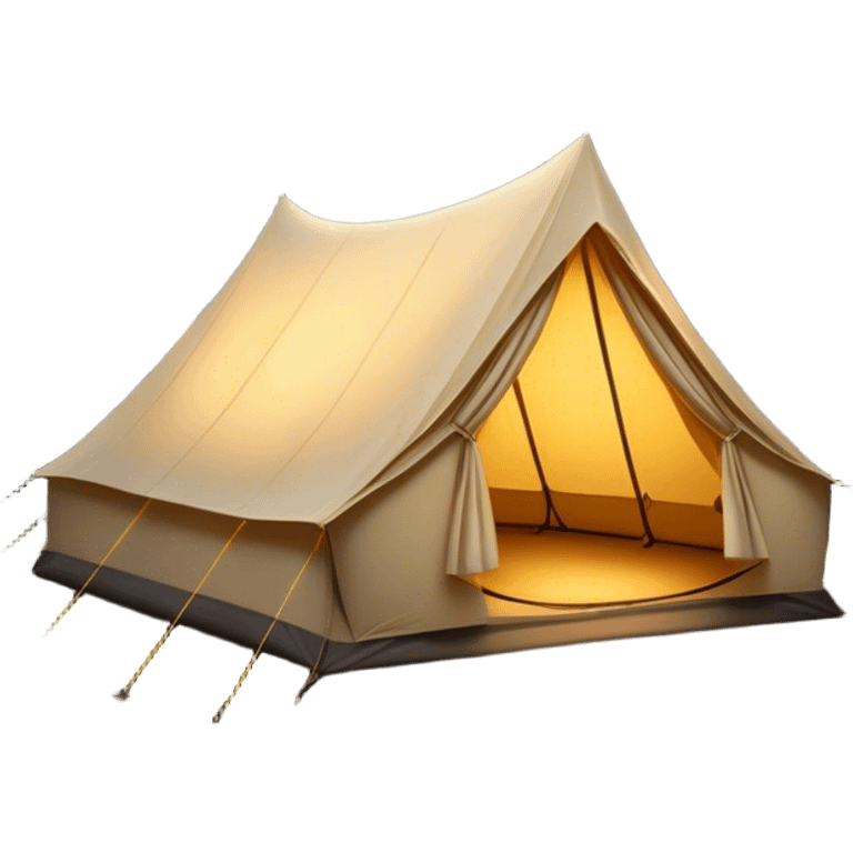 Cinematic Realistic Tent, a sturdy canvas tent nestled among tall trees, warm golden light spilling from inside, gentle folds in the fabric visible, glowing against the cool, dark forest backdrop, evoking a sense of adventure and comfort. emoji