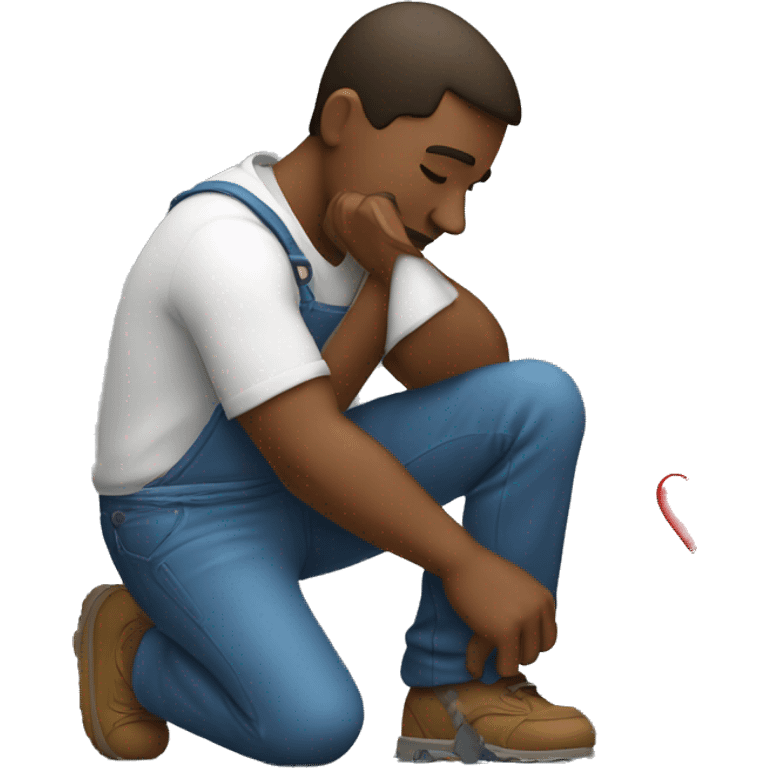 A man  kneeling and crying while trying to repair his girlfriend's broken heart. The heart should be depicted as a broken emoji heart, emphasizing the emotional scene. emoji