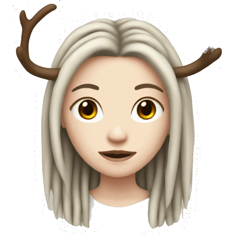 Portrait. Girl with pale skin-tone has black dreadlocks, antlers emoji