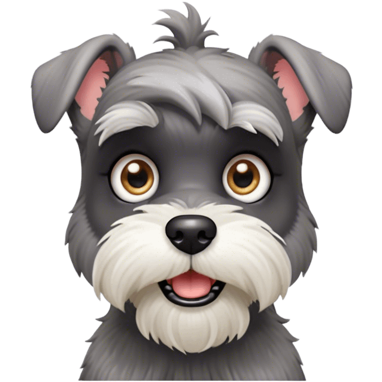 Cinematic Comical Miniature Schnauzer Portrait Emoji, Head tilted dramatically with a comically shocked expression and large, animated eyes, featuring a sharply defined salt-and-pepper fur with exaggerated, humorous eyebrows, simplified yet hilariously detailed, glowing with a bold, playful radiance, high shine, exuding a spirited and cheeky charm, styled with a soft glowing outline, capturing the essence of a Miniature Schnauzer that appears ready to dash into a burst of comic energy! emoji