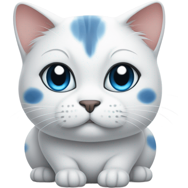 Fat white cat cross eyed cat with black spots and blue eyes emoji