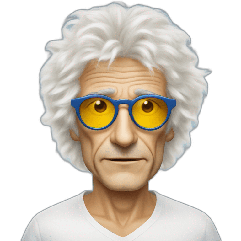 michel polnareff avec des lunettes de soleil blanches, des cheveux longs jaunes et raides, vieux, avec un costume bleu et expression de visage neutre emoji