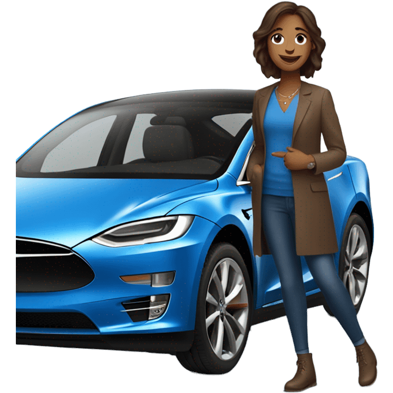  Happy brown haired woman getting a new blue Tesla  emoji