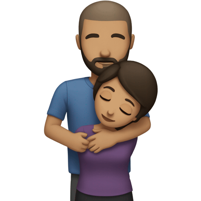 Comforting hug from tall, brunette, Puerto Rican woman to shorter bald male with beard emoji