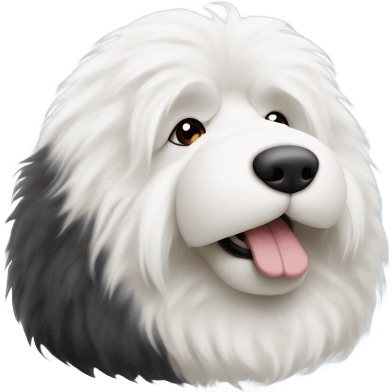 Fluffy Old English sheepdog face with the left half of his face white and the black half of his face black. White around the mouth and nose emoji