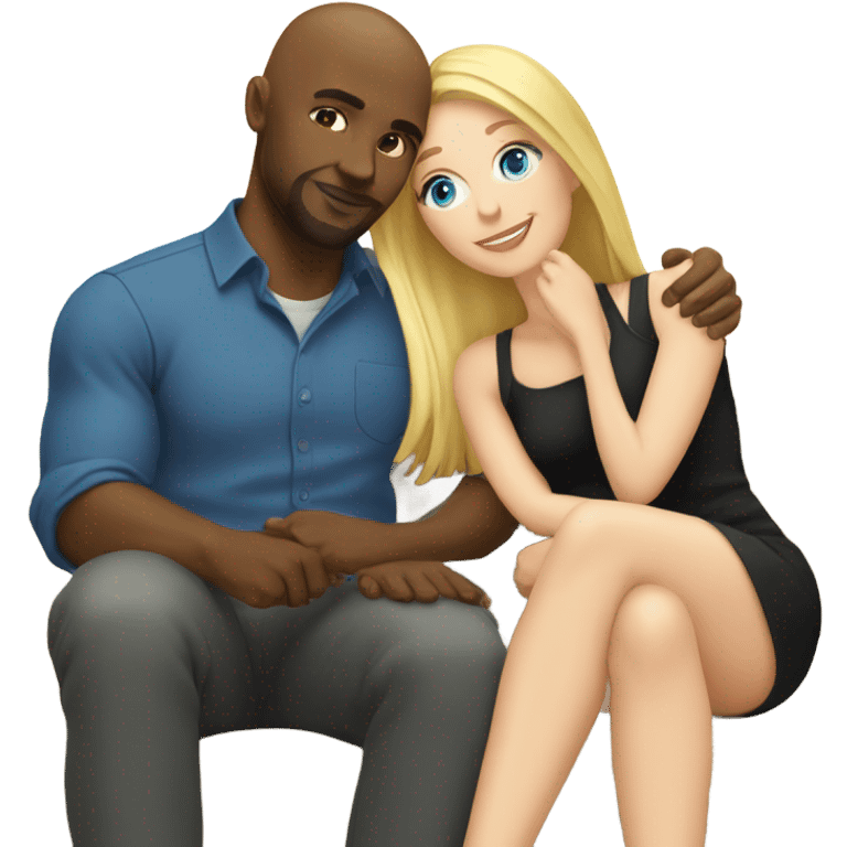 Blonde woman with blue eyes and long straight hair and black man who is bald with a goatee seated together on a sofa enjoying a passionate embrace.   emoji