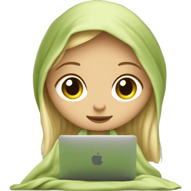 blonde girl sits under a blanket with a glass of matcha and works on a macbook emoji