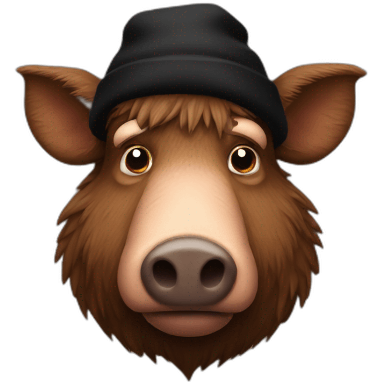 fullface really sad big brown boar with black winter hat emoji