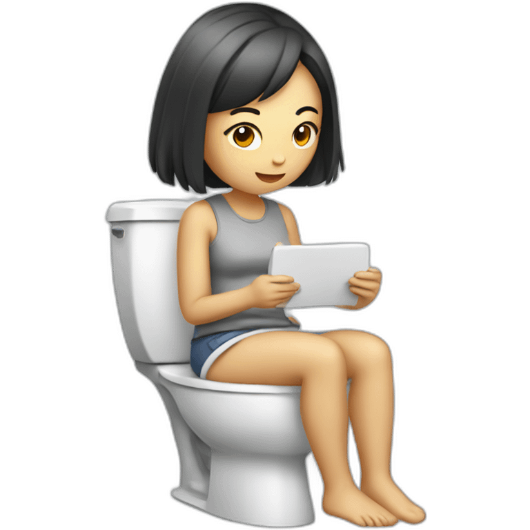 Asian girl using toilet while texting emoji