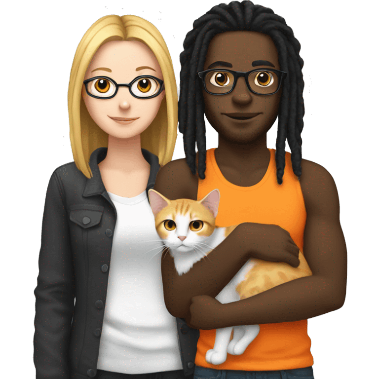 Black guy with dreads and glasses and a white girl with black hair holding an orange cat emoji