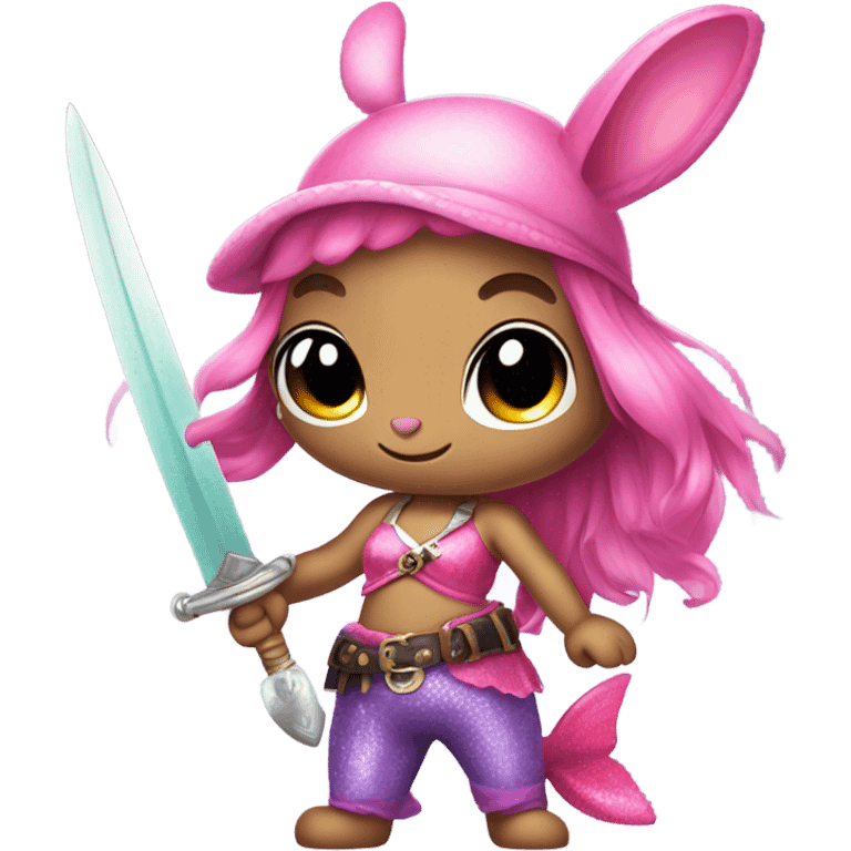 Rainbow mermaid bunny wearing pink pirate clothes and sword emoji