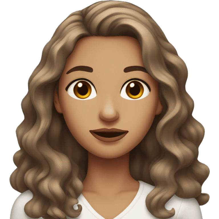 white woman with long brown wavy hair, brown eyes, medium size lips, small nose emoji