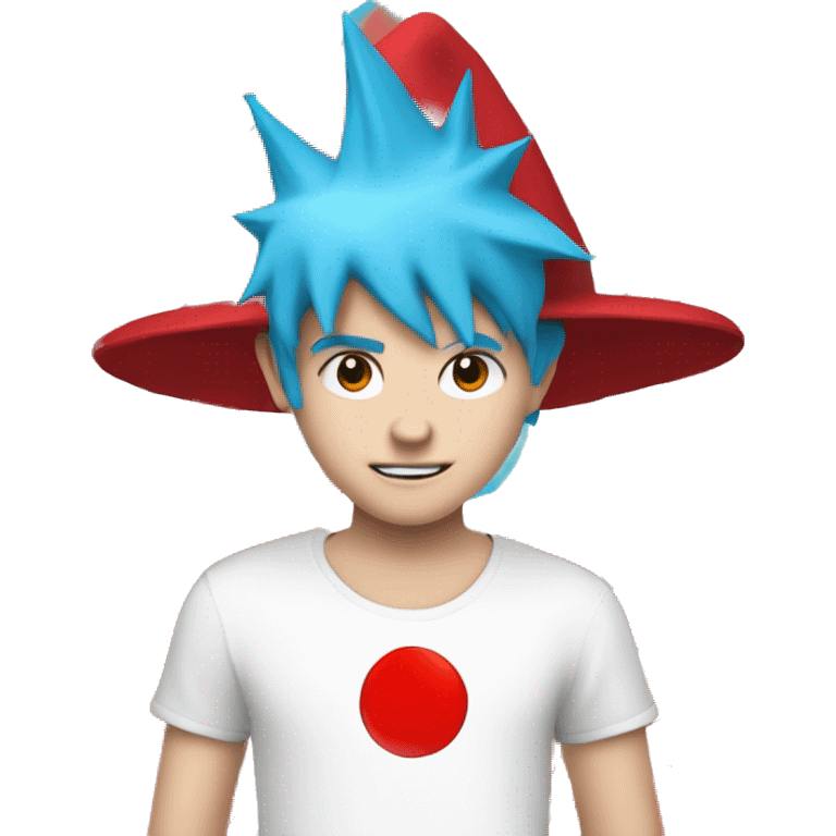 a white kid with cyan blue spiky hair with a red hat and a white shirt with a red circle in the middle and in the circle theres a red tilted line in it emoji