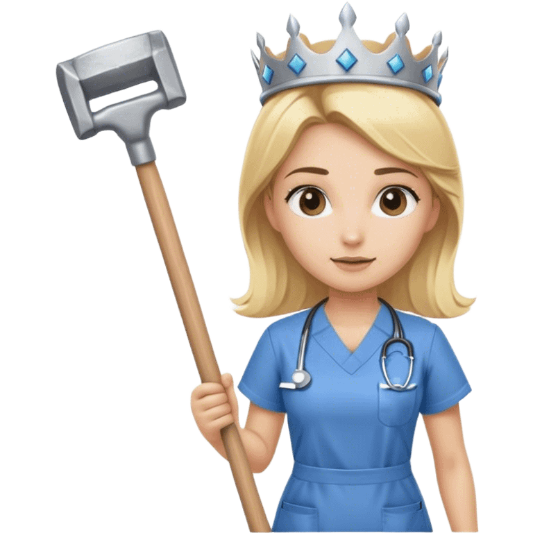 blond nurse girl wearing scrubs with a crown and a sledge hammer emoji