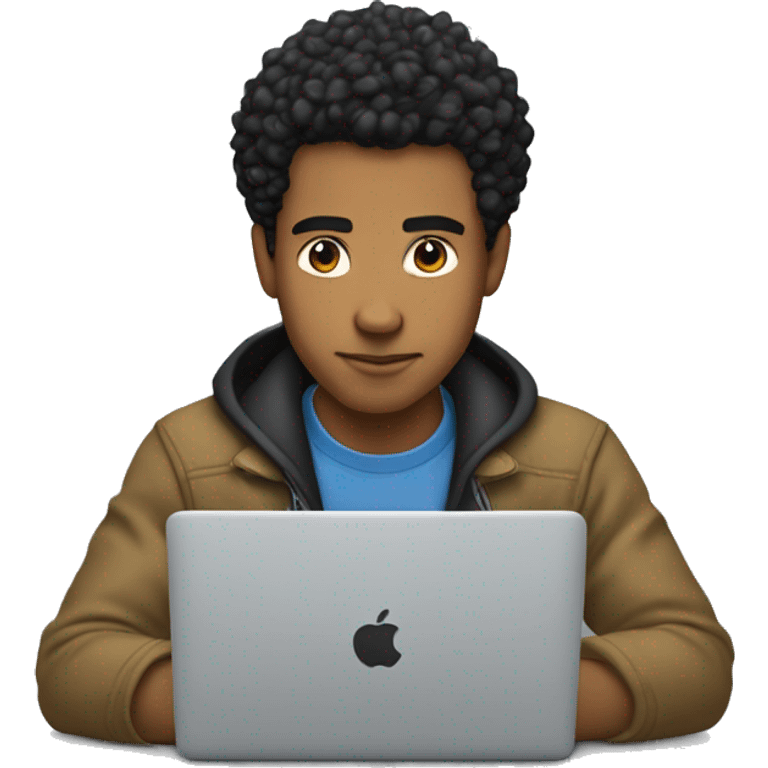 light skin man with black messy slickback hair working on his macbook laptop looking down  emoji