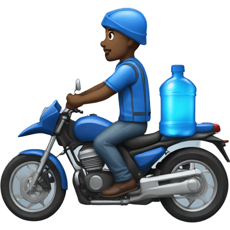 black man in a blue moto delivering blue water bottles in the back of the moto (side view) emoji