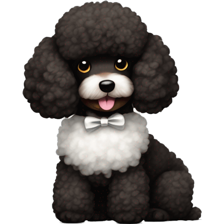 black and brown poodle with white fur on its belly and a bow emoji