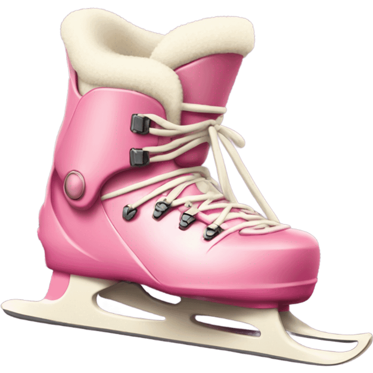 Pink ski boots and cream standing skis behind boots emoji