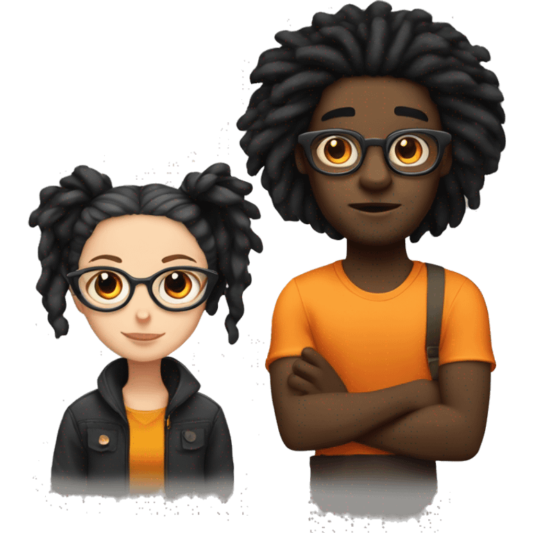 Black guy with dreads and glasses and a white girl with dark black hair holding an orange cat emoji