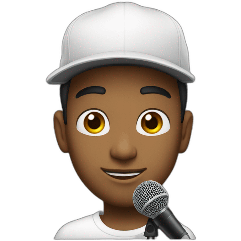 A young swarthy man. With a tattoo on his neck and a white cap, and a microphone in front of him. emoji