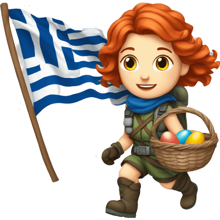 Greek Female winter mountaineer red hair white skin climbing with Greek Flag and Easter eggs basket emoji