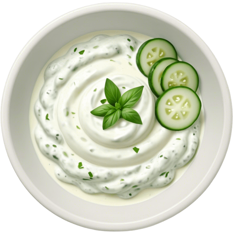 Cinematic Realistic Tzatziki Dish Emoji, featuring a creamy, tangy yogurt sauce with cucumber and herbs rendered with soft textures and cool, refreshing lighting. emoji