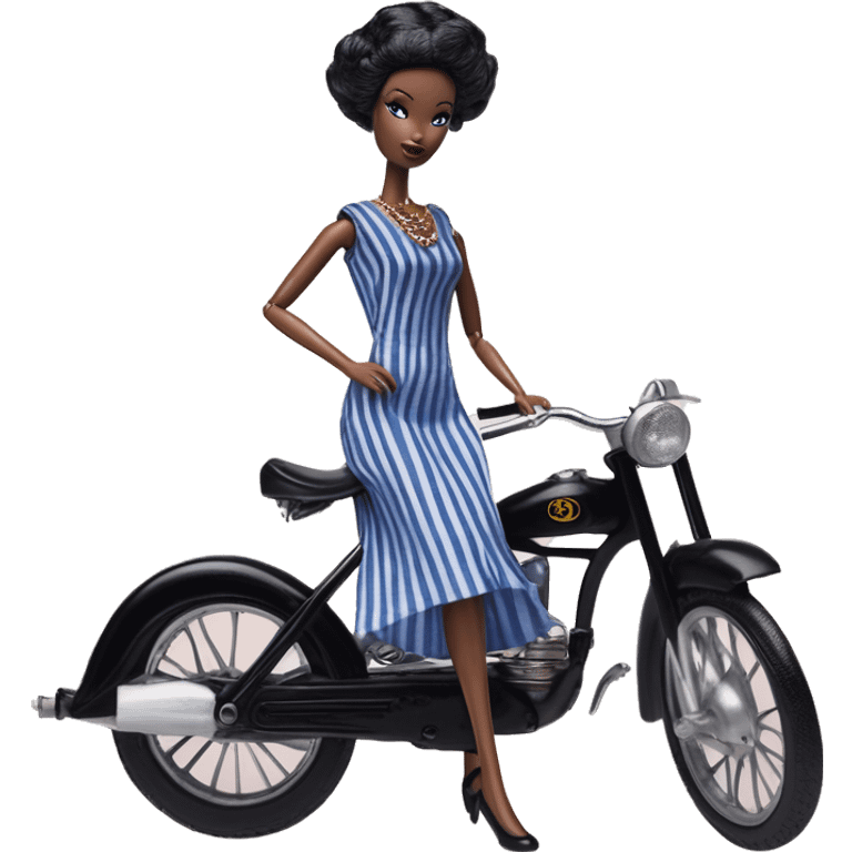 1920s coal hair Silkstone Marie Antoinette Barbie Wednesday Addams from academy in a blue and black vertically-striped classic dress. riding hot rod bikes with crows emoji