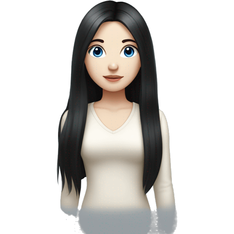 a girl with fair skin, straight long black hair, blue eyes, standing, very beautiful, very hot,Korean American Russian emoji