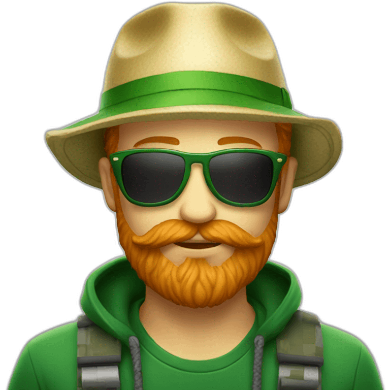 Green sunglasses and Ginger beard and bucket hat drinking a beer emoji