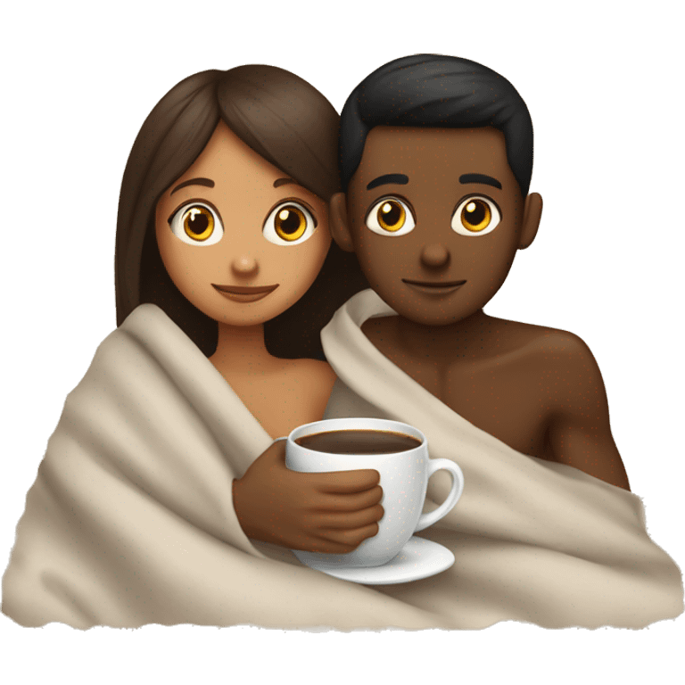 TAN SKIN GIRL AND BROWN SKIN BOY inside a blanket sipping coffee emoji