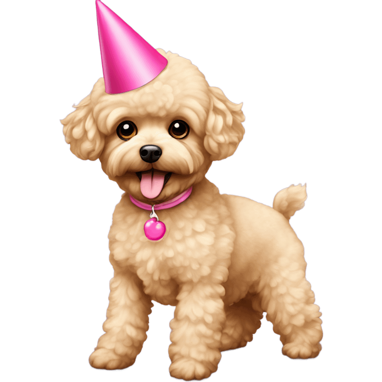 Blonde toypoodle maltipoo with pink birthdayhat emoji