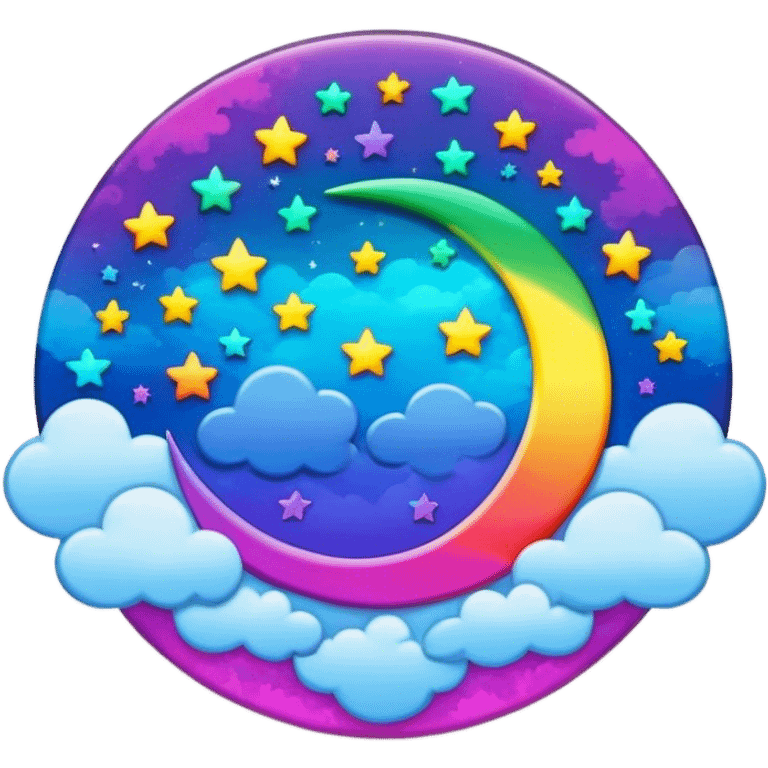 Beveled button with Neon rainbow colored damask style full moon with stars and clouds in the center emoji