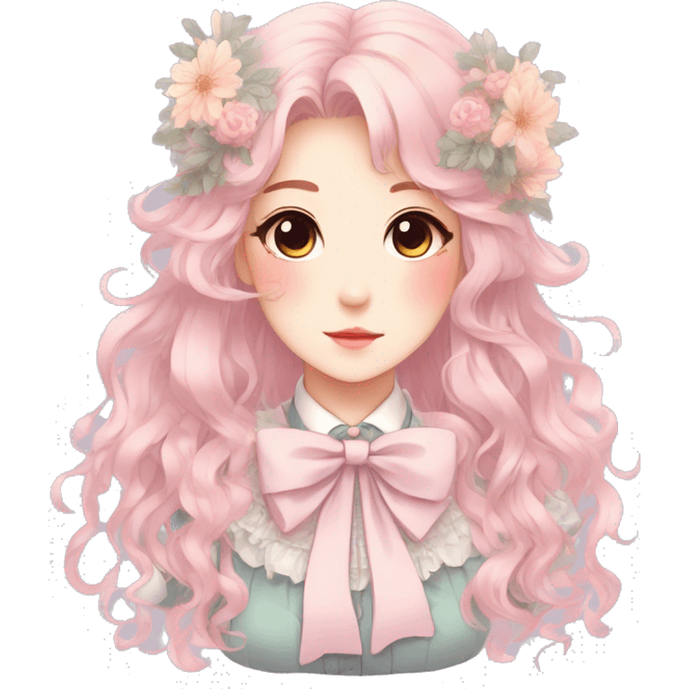 Gorgeous pastel anime style lady with blushing face and flowers and laces and bow ties and pretty hair aesthetic trending style emoji