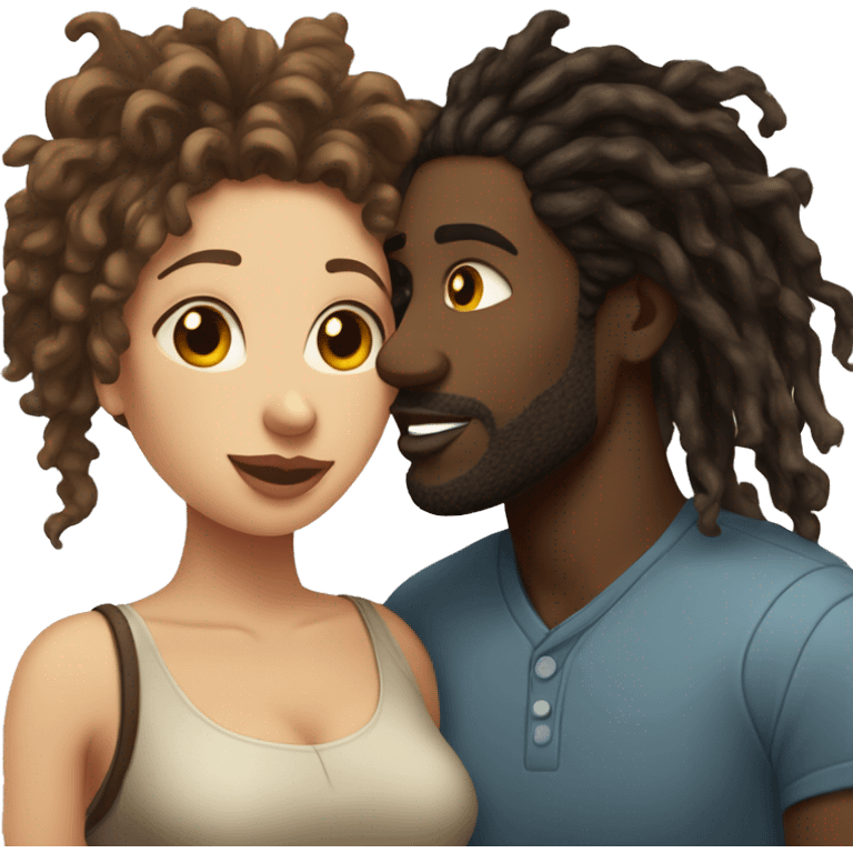 Fair skin woman with brown curly hair kissing black man with dreads emoji