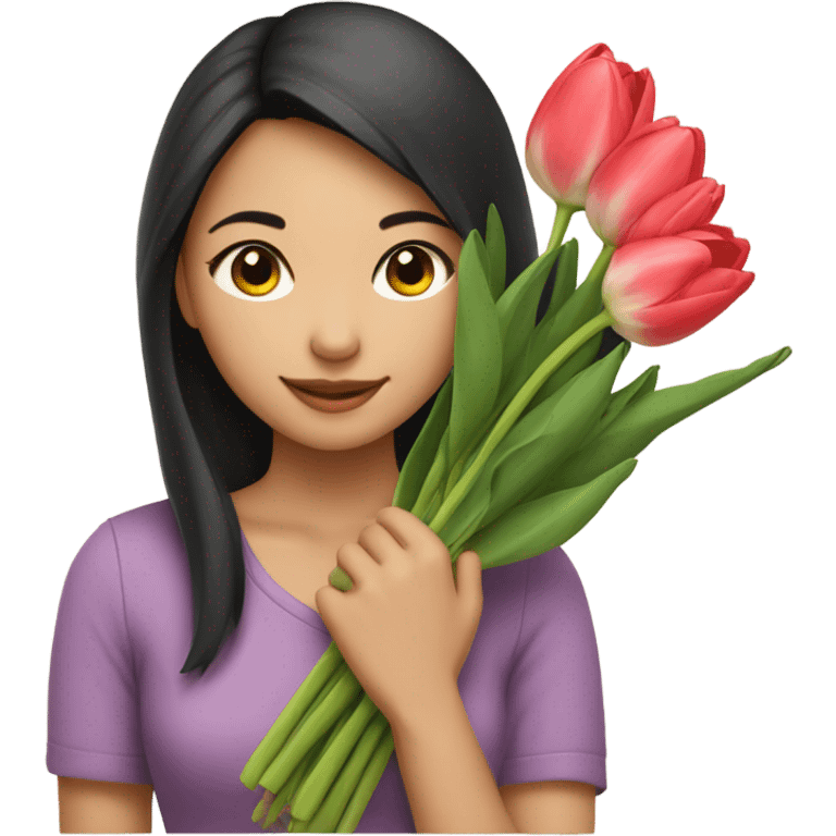 beautiful Asian girl holding tulips emoji