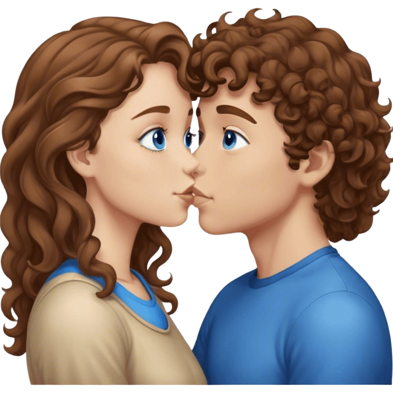 boy with light brown wavy hair and blue eyes giving a forehead kiss to a girl with brown curly hair and brown eyes  emoji