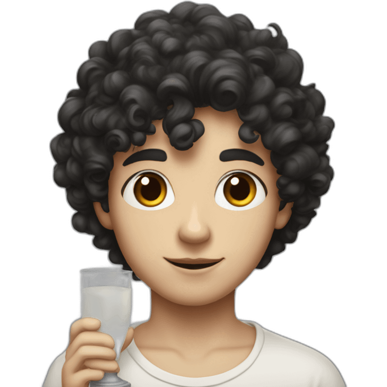 A portrait from the shoulders up of a pasty white teenage boy with dark black curly hair holding a chalice of milk emoji