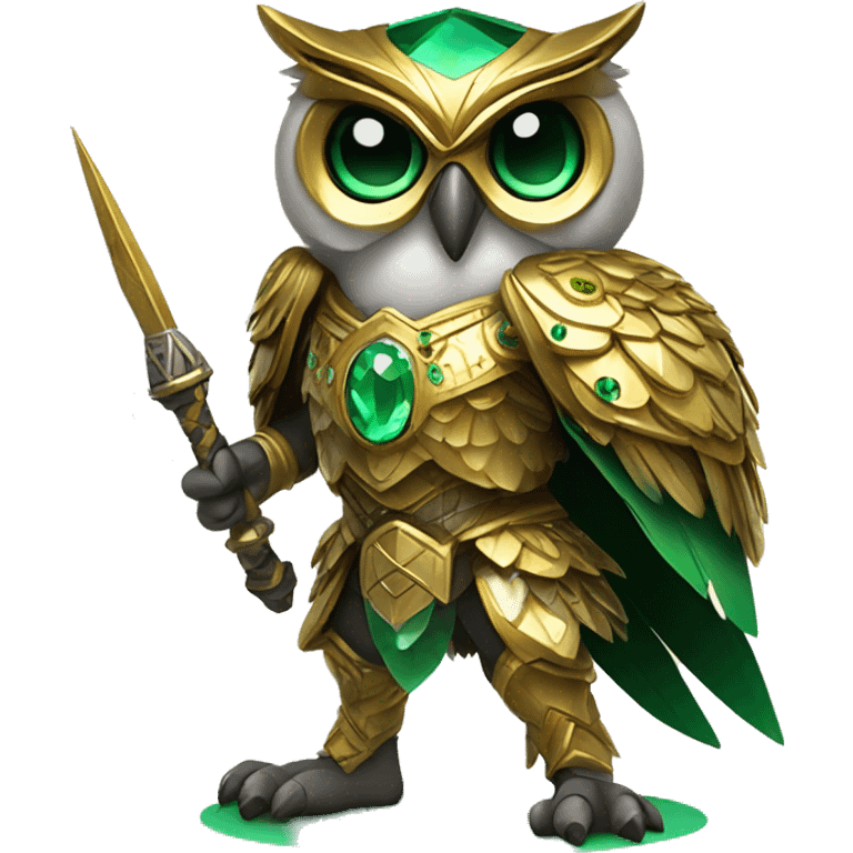 Gamer owl warrior wearing golden armor embedded with small emerald jewels, holding a staff emoji