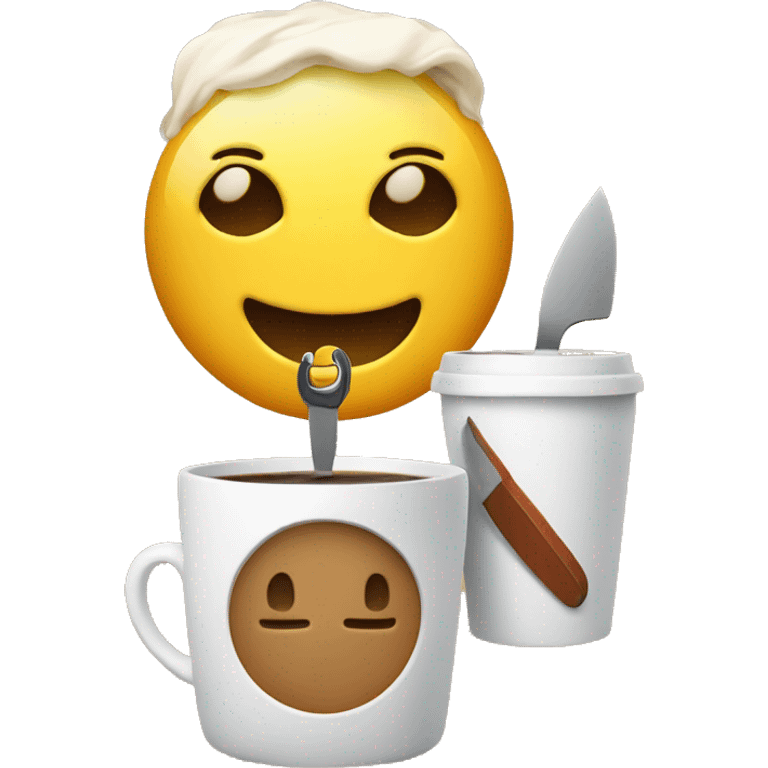 Smiley emoji holding a coffee cup and a knife  emoji