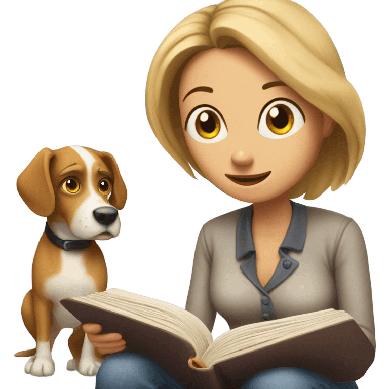 Dog reading a book but woman blocking the words emoji