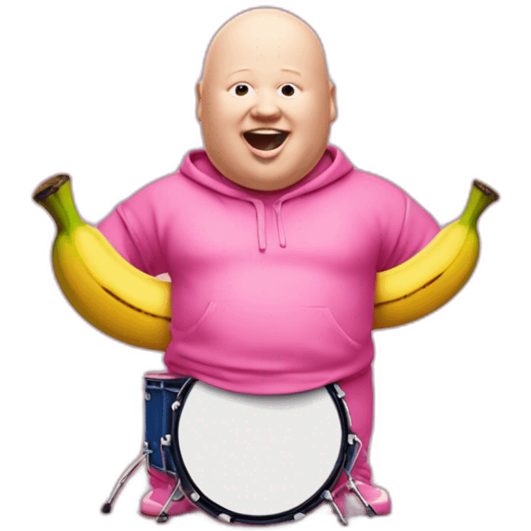 Matt Lucas in a pink onesie with a banana sticking out his ear playing the drums emoji