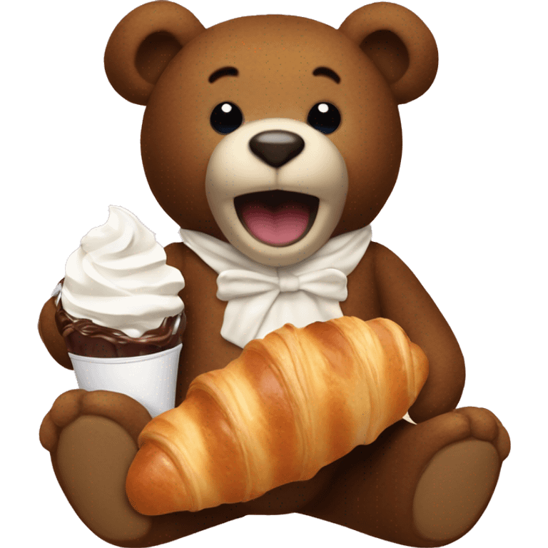 A teddy bear eating a croissant ￼with a coco with whip cream  emoji