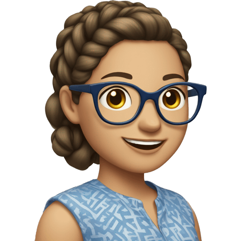 Girl with a short pony tail brown hair, large glasses, big smile, wearing a blue pattern blouse  emoji