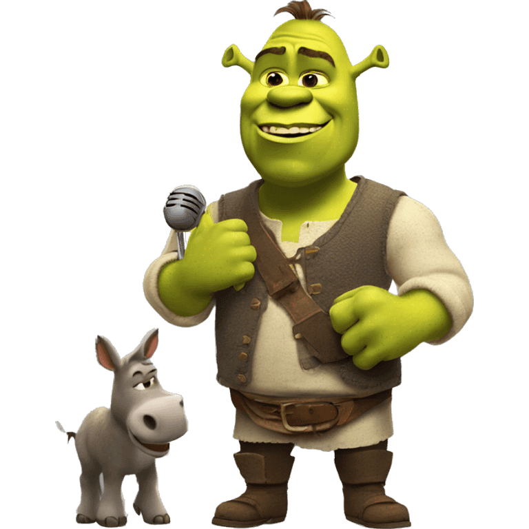 Shrek with a microphone in his hand listens to the donkey emoji