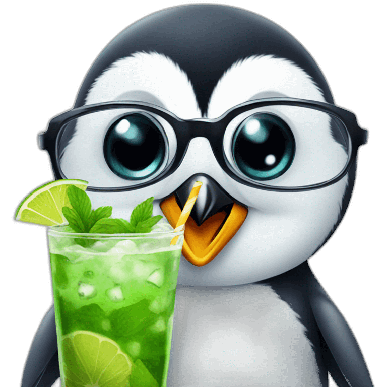 baby penguin with big glasses drinking mojito emoji