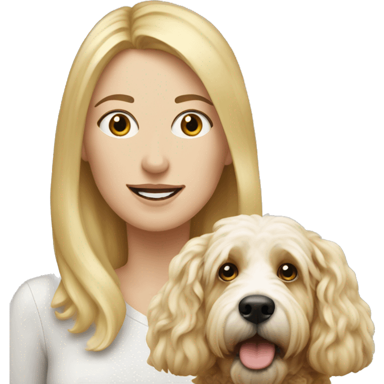 white woman with long blonde hair alongside a bernadoodle dog  emoji