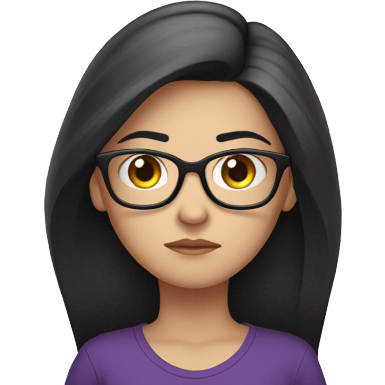 white girl, angry scowling, purple t-shirt, long black hair, wearing glasses, with arms crossed over chest. emoji